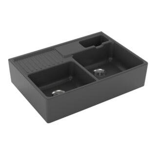 V&B Évier double bac avec vidage, garniture, mitigeur, gris C-plus