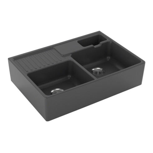 V&B Évier double bac avec vidage, garniture, mitigeur, gris C-plus
