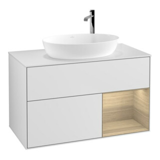 V&B Finion 100 Meuble sous lavabo avec éclairage mural, blanc, avec rangement ouvert, blanc laqué
