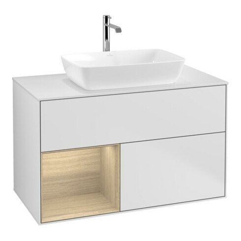 V&B Finion 100 Meuble sous lavabo avec éclairage mural, blanc, avec rangement ouvert, blanc laqué