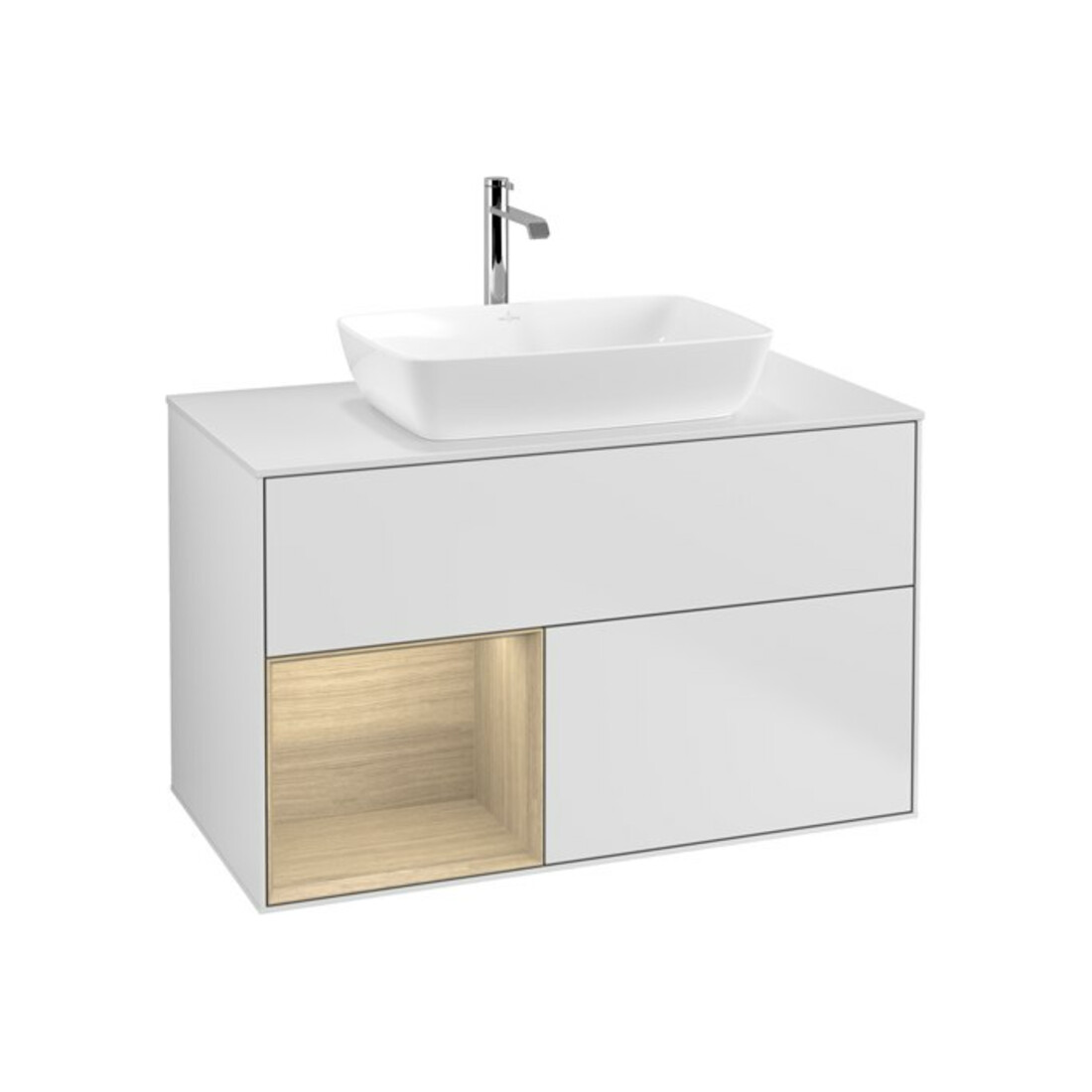 V&B Finion 100 Meuble sous lavabo avec éclairage mural, blanc, avec rangement ouvert, blanc laqué