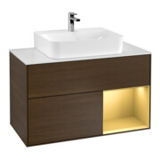 V&B Finion 100 Meuble sous lavabo avec éclairage mural, blanc, avec tablette réglable, veinage noyer-1