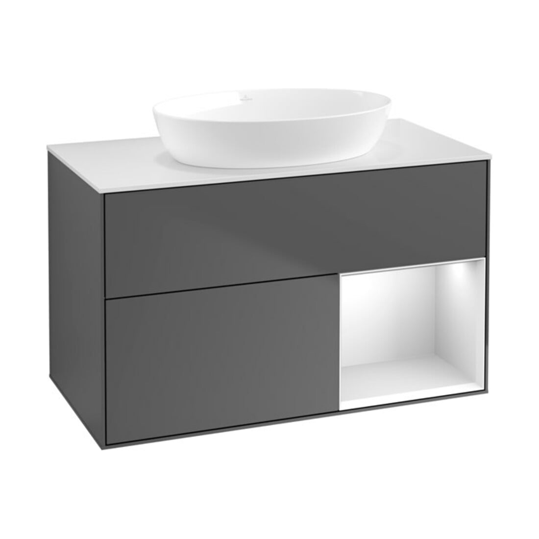 V&B Finion 100 Meuble sous lavabo avec éclairage mural, blanc mat, laqué blanc mat, anthracite mat