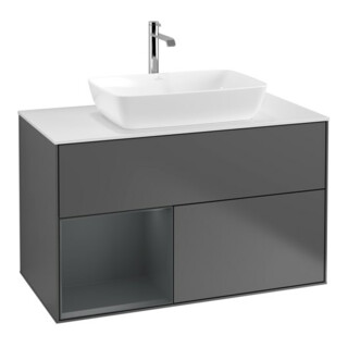 V&B Finion 100 Meuble sous lavabo avec éclairage mural, blanc mat, poignée médiane laquée, anthracite mat