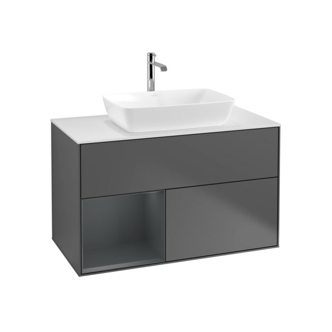 V&B Finion 100 Meuble sous lavabo avec éclairage mural, blanc mat, poignée médiane laquée, anthracite mat