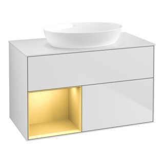 V&B Finion 100 Meuble sous lavabo avec éclairage mural, blanc mat, réglette dorée mate laquée, blanc mat laqué