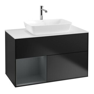 V&B Finion 100 Meuble sous lavabo avec éclairage mural, blanc mat, réglette médium mat laqué, bleu mat laqué