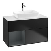 V&B Finion 100 Meuble sous lavabo avec éclairage mural, blanc mat, réglette médium mat laqué, bleu mat laqué