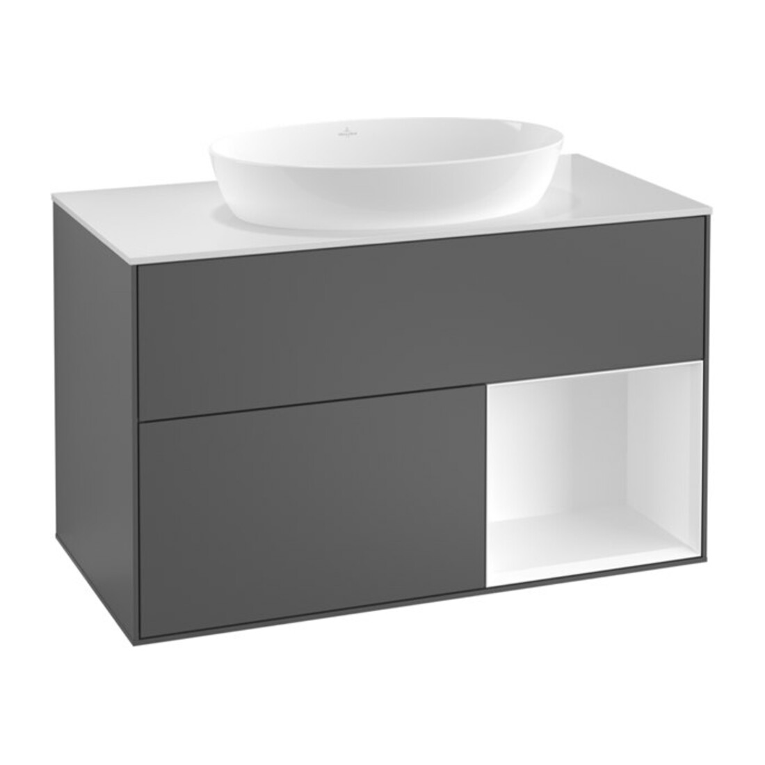 V&B Finion 100 Meuble sous lavabo avec éclairage mural, blanc mat, régulateur Oa ven, gris mat laqué