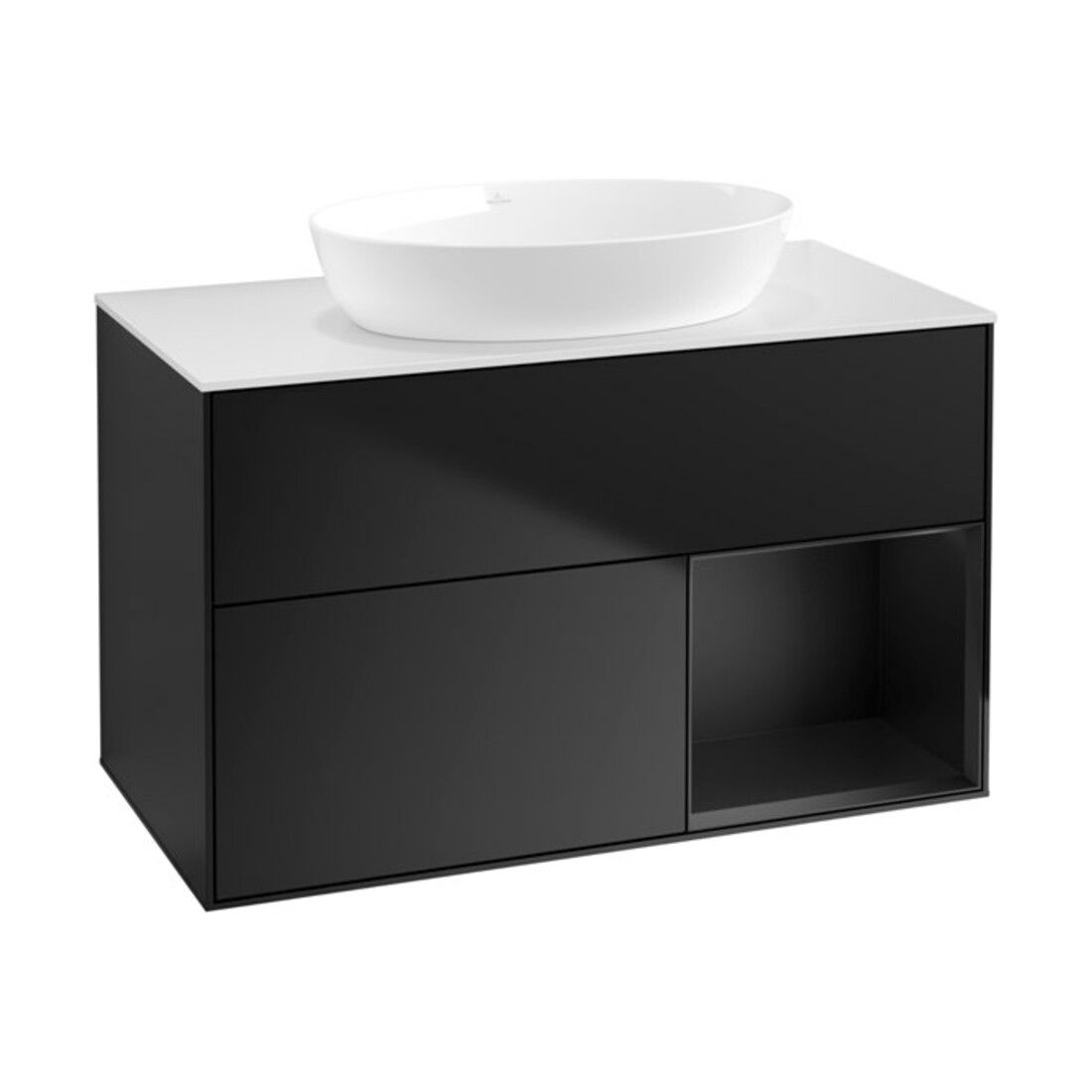 V&B Finion 100 Meuble sous lavabo avec éclairage mural, blanc mat, tiroir bleu mat laqué