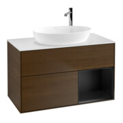 V&B Finion 100 Meuble sous lavabo avec éclairage mural, blanc mat, tiroir bleu mat laqué, noyer veinée