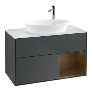 V&B Finion 100 Meuble sous lavabo avec éclairage mural, blanc, placage noyer, bleu mat laqué