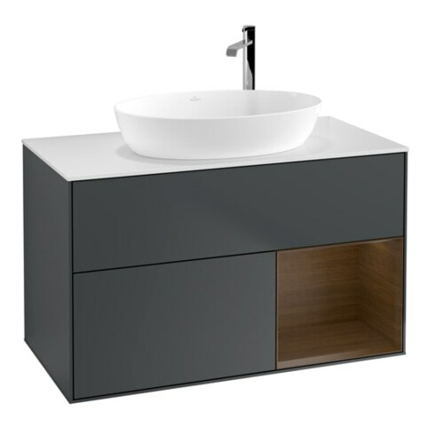 V&B Finion 100 Meuble sous lavabo avec éclairage mural, blanc, placage noyer, bleu mat laqué