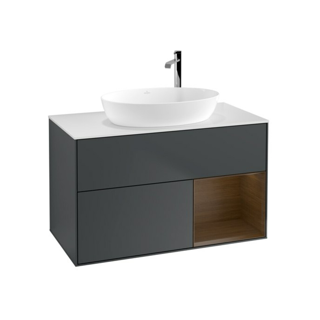V&B Finion 100 Meuble sous lavabo avec éclairage mural, blanc, placage noyer, bleu mat laqué