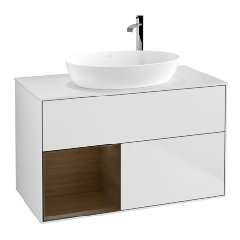 V&B Finion 100 Meuble sous lavabo avec éclairage mural, blanc, réglette en noyer ven. blanc mat laqué