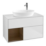 V&B Finion 100 Meuble sous lavabo avec éclairage mural, blanc, réglette en noyer ven. blanc mat laqué