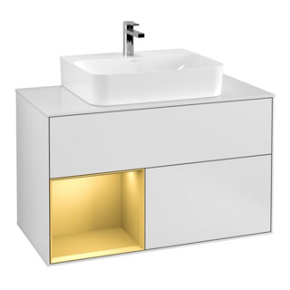 V&B Finion 100 Meuble sous lavabo avec éclairage mural, blanc, réglette gauche, blanc laqué