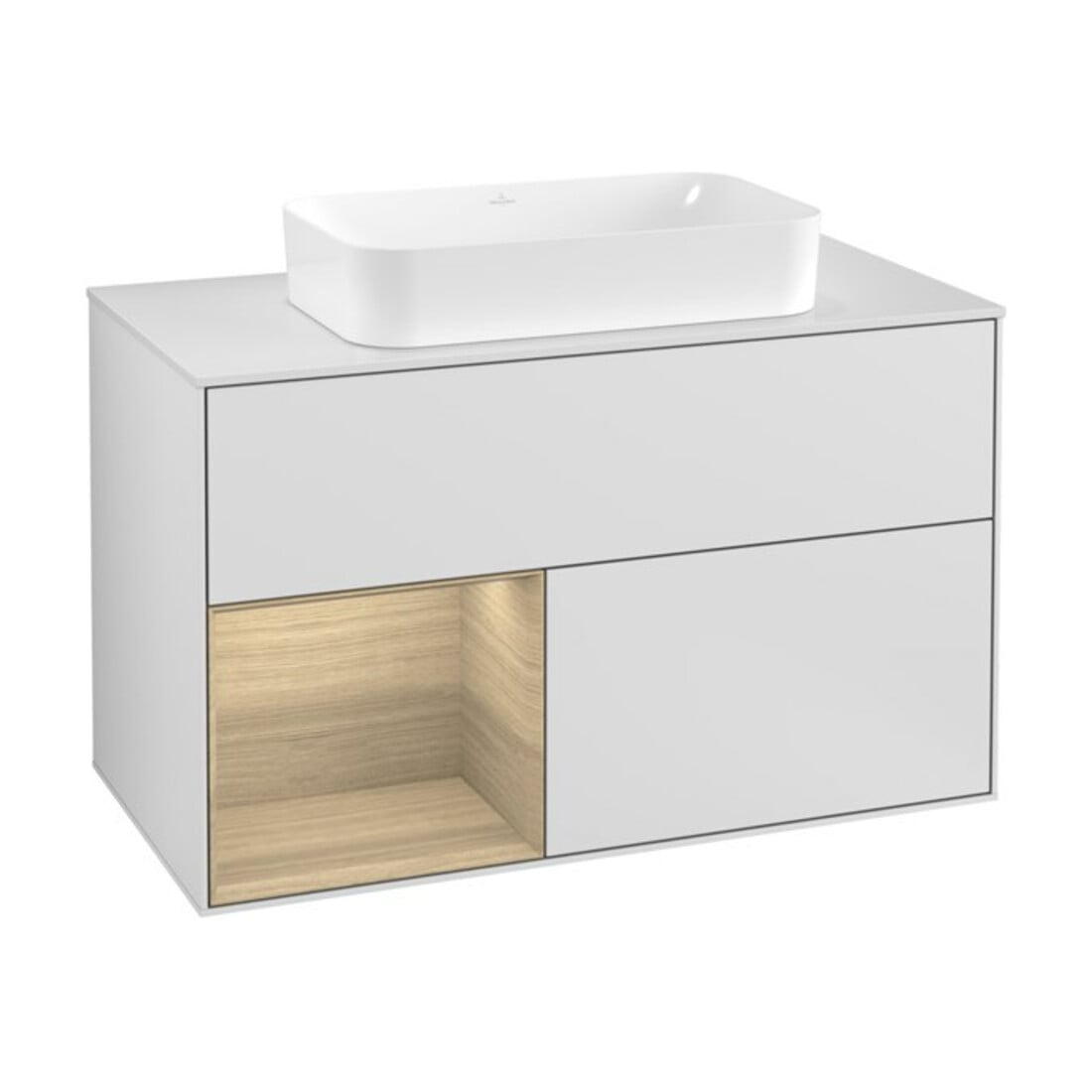 V&B Finion 100 Meuble sous lavabo avec éclairage mural, blanc, réglette gauche, blanc mat laqué