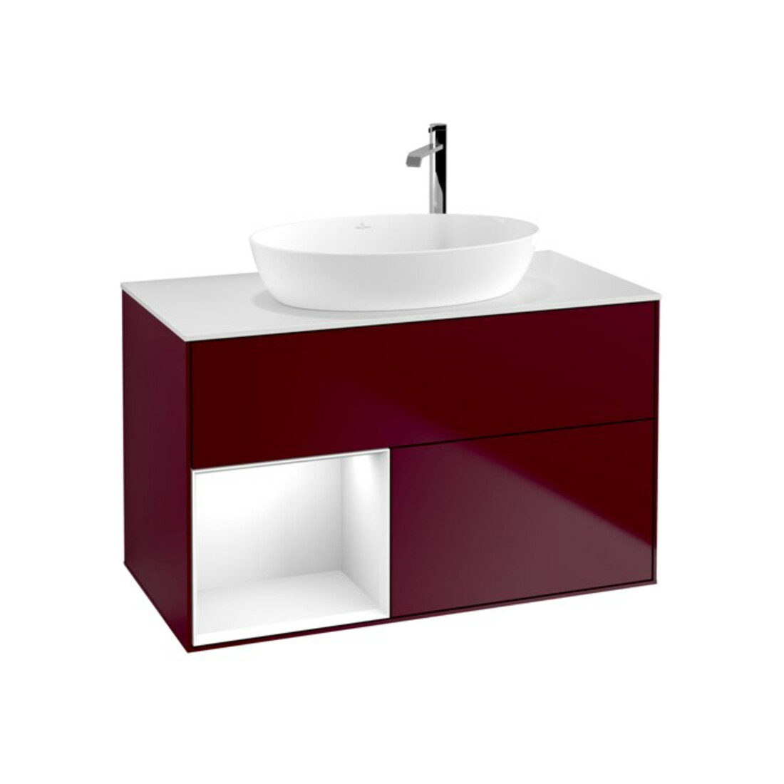 V&B Finion 100 Meuble sous-lavabo avec éclairage mural, blanc, réglette globale blanche laquée, poignée métal