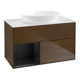 V&B Finion 100 Meuble sous lavabo avec éclairage mural, blanc, tiroir bleu avec laque, noyer veneer