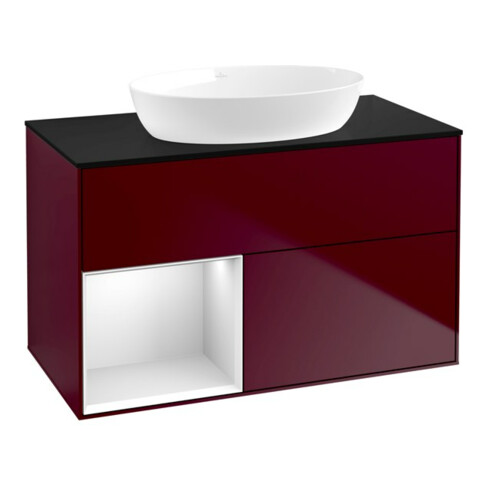 V&B Finion 100 Meuble sous lavabo avec éclairage mural, bleu, étagère blanche laquée, poignée métal