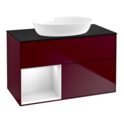 V&B Finion 100 Meuble sous lavabo avec éclairage mural, bleu, étagère blanche laquée, poignée métal