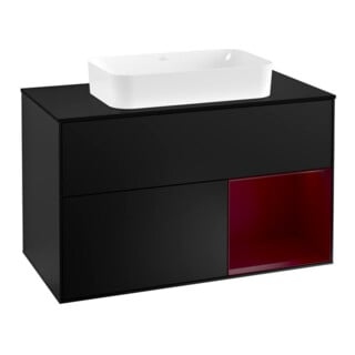 V&B Finion 100 Meuble sous-lavabo avec éclairage mural, bleu mat, porte droite, bleu mat laqué