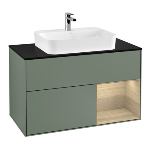 V&B Finion 100 Meuble sous lavabo avec éclairage mural, bleu pâle, droite, huile et laqué
