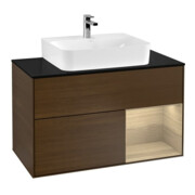 V&B Finion 100 Meuble sous lavabo avec éclairage mural, bleu pâle, porte droite, bois veinage walnut-1