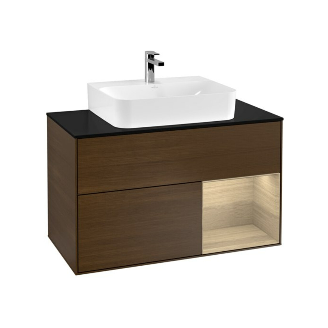 V&B Finion 100 Meuble sous lavabo avec éclairage mural, bleu pâle, porte droite, bois veinage walnut