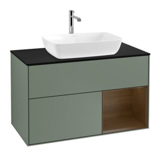 V&B Finion 100 Meuble sous lavabo avec éclairage mural, bleu, placage frêne, huile avec laque
