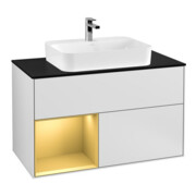 V&B Finion 100 Meuble sous lavabo avec éclairage mural, Pl bleu m, étagère gauche gol m, blanc m Lac