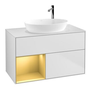 V&B Finion 100 Meuble sous-lavabo, blanc mat, tiroir or mat laqué, blanc mat laqué