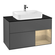 V&B Finion 100 Meuble sous lavabo, éclairage mural, anthracite, placage bleu, droite, Oa ven