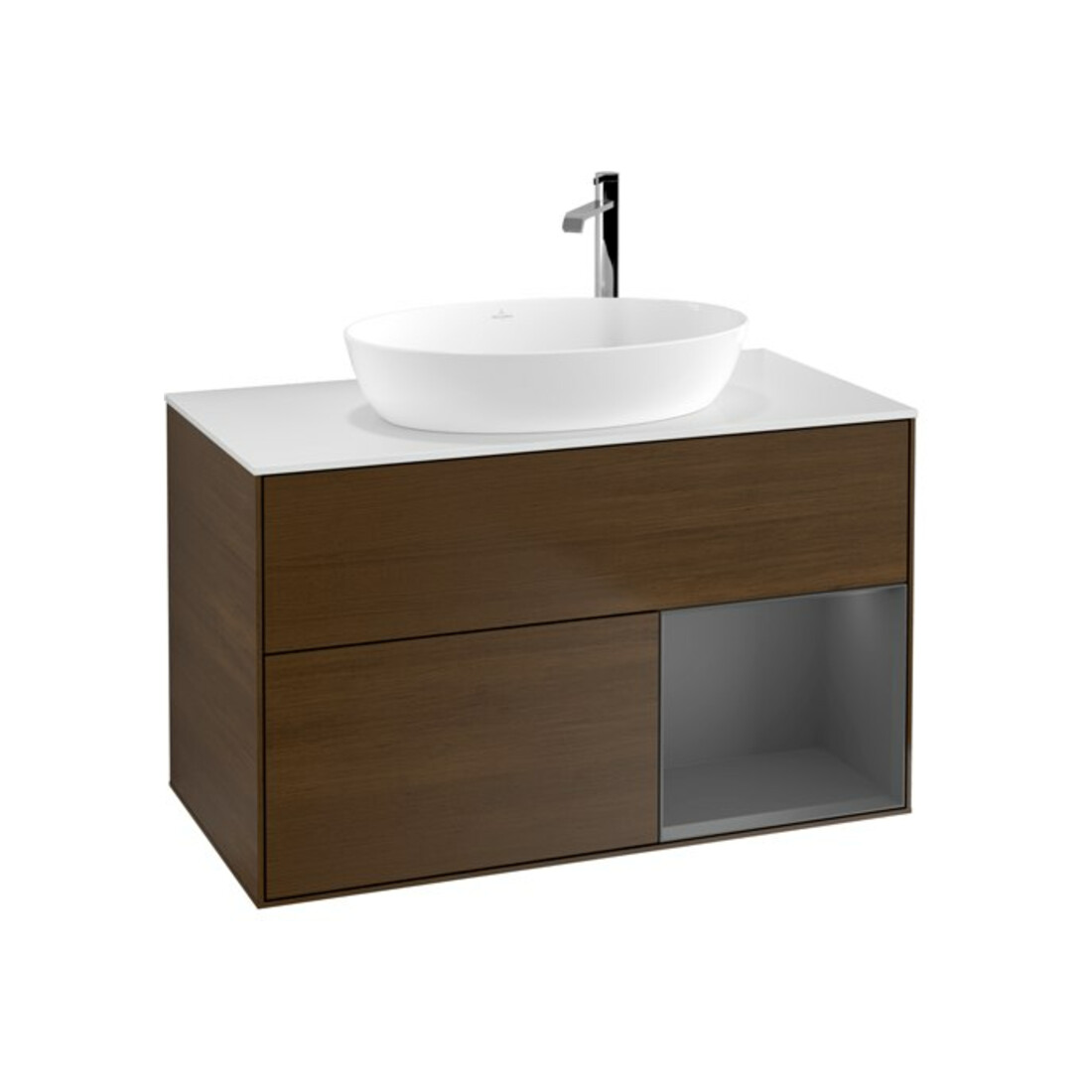 V&B Finion 100 Meuble sous lavabo Éclairage mural, Anthracite régulier avec laque, veinage bois