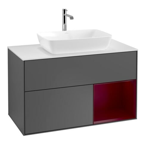 V&B Finion 100 Meuble sous-lavabo, éclairage mural, blanc, avec étagère, anthracite