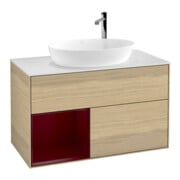 V&B Finion 100 Meuble sous lavabo, éclairage mural, blanc, avec étagère, laqué, ouverture ven