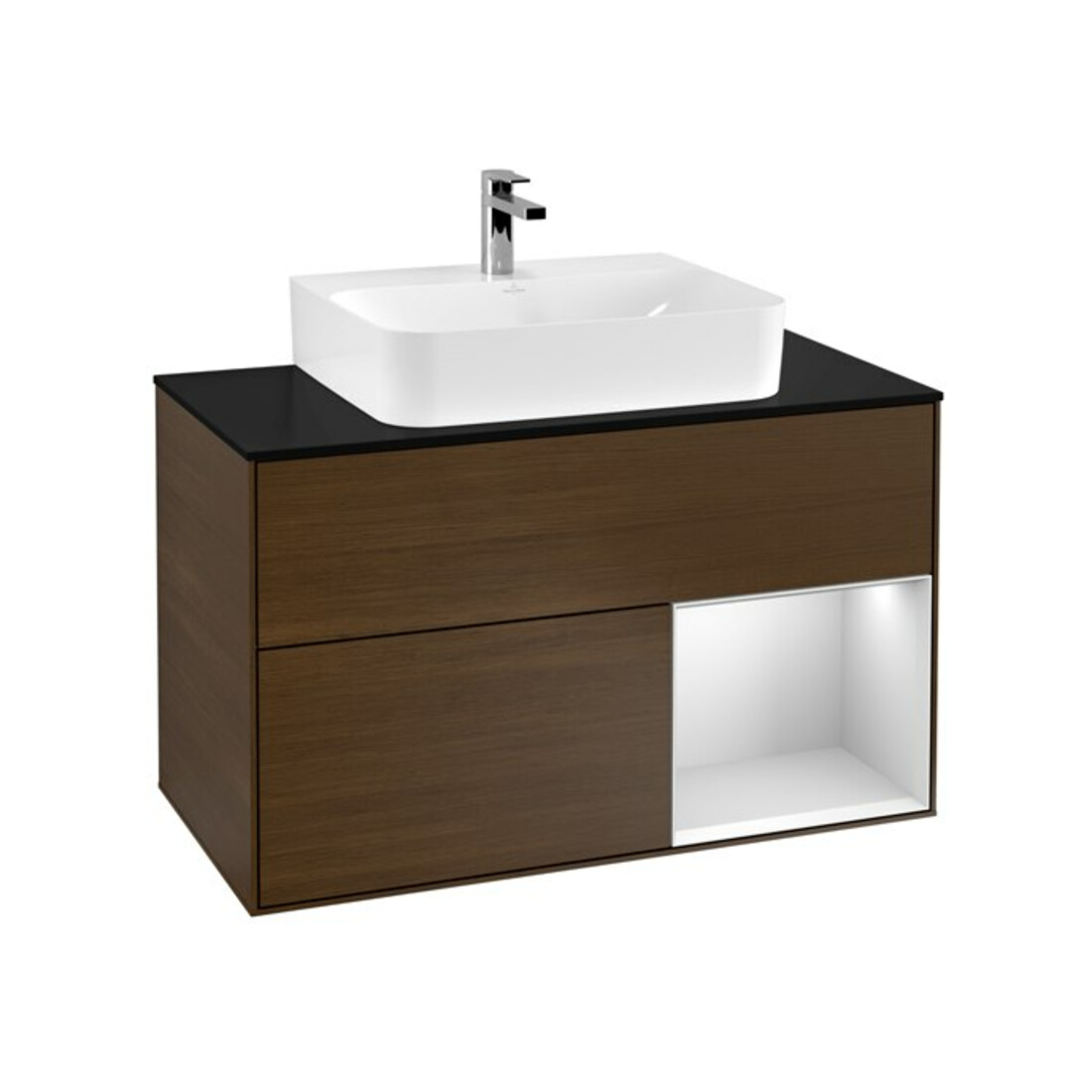 V&B Finion 100 Meuble sous lavabo, éclairage mural, blanc brillant, placage noyer