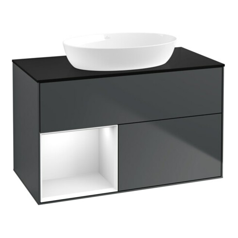 V&B Finion 100 Meuble sous lavabo Éclairage mural Blanc laqué, avec miroir laqué bleu
