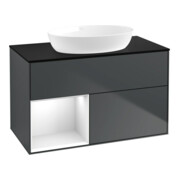 V&B Finion 100 Meuble sous lavabo Éclairage mural Blanc laqué, avec miroir laqué bleu
