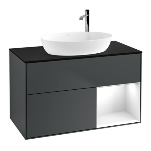 V&B Finion 100 Meuble sous lavabo Éclairage mural, blanc laqué mat, bleu mat laqué