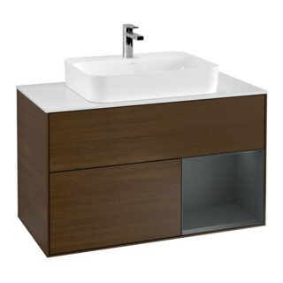 V&B Finion 100 Meuble sous lavabo Éclairage mural, blanc mat, armoire droite médium bleu avec laque, noyer veinée