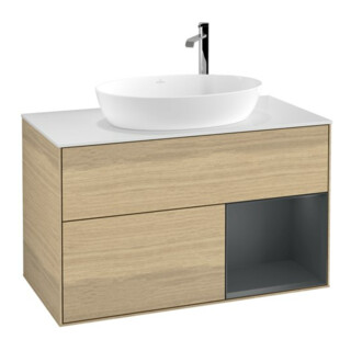 V&B Finion 100 Meuble sous lavabo, éclairage mural, blanc mat, avec rangement médium mat laqué, ouverture à ventouse