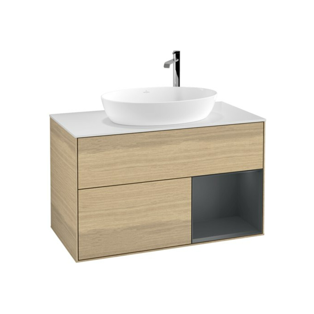 V&B Finion 100 Meuble sous lavabo, éclairage mural, blanc mat, avec rangement médium mat laqué, ouverture à ventouse