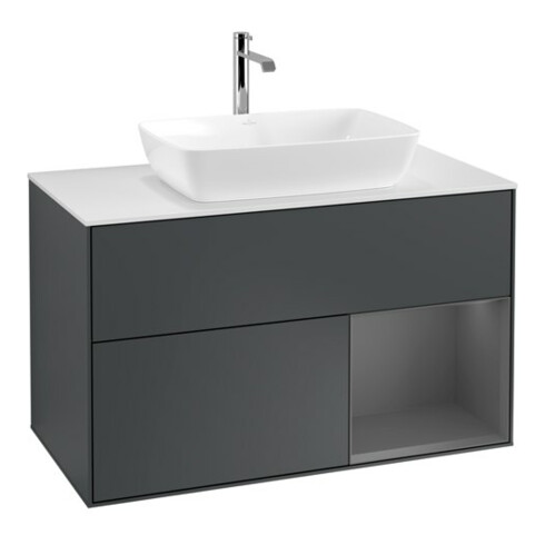 V&B Finion 100 Meuble sous lavabo Éclairage mural Blanc mat, Bordure argent mat, avec blanc mat