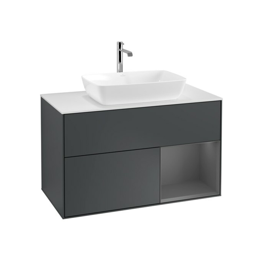 V&B Finion 100 Meuble sous lavabo Éclairage mural Blanc mat, Bordure argent mat, avec blanc mat