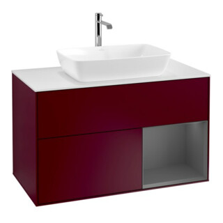 V&B Finion 100 Meuble sous lavabo, éclairage mural, blanc mat, étagère anthracite mat laqué, poignée métal