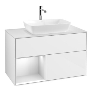 V&B Finion 100 Meuble sous lavabo Éclairage mural Blanc mat, étagère blanc mat laqué, brillant blanc laqué