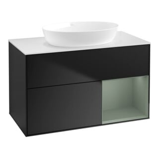 V&B Finion 100 Meuble sous lavabo, éclairage mural, blanc mat, étagère huilée mat laqué, bleu mat laqué