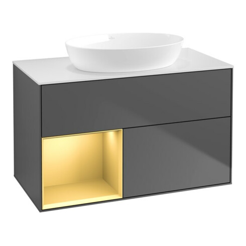 V&B Finion 100 Meuble sous-lavabo, éclairage mural, blanc mat, étagère or mat, anthracite mat